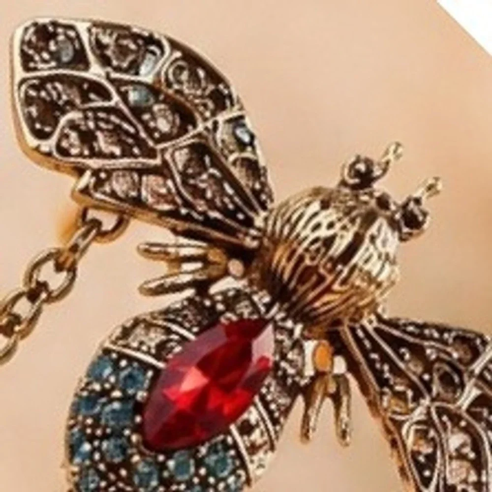 Honey Bee & Flower Double Brooch Draped Chain Filigree Wings Red Blue Crystals